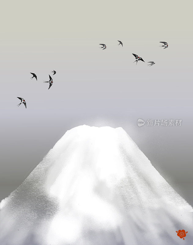 Fujiyama mountain in snow and flock of birds in the sky. Traditional Japanese ink wash painting sumi-e.